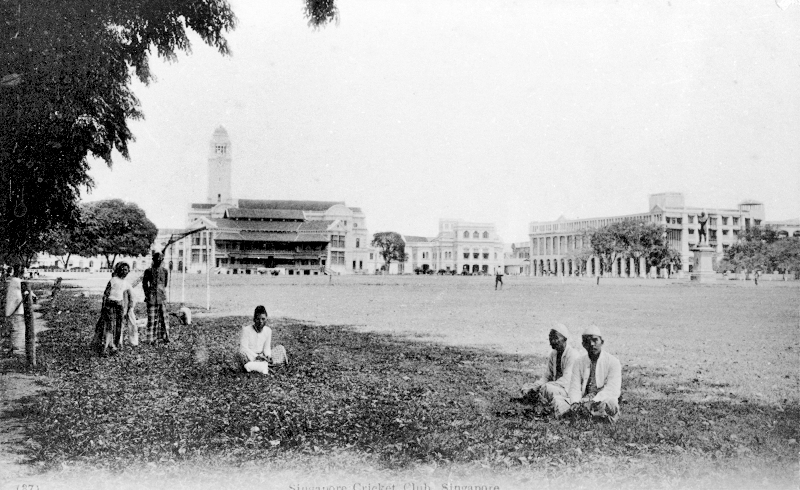 View of the Padang, 1911. In the background from left: clock tower of Victoria Memorial Hall, Singapore Cricket Club, Old Court House and Grand Hotel de l’Europe. The statue of Stamford Raffles can be seen on the right. Arshak C. Galstaun Collection, courtesy of National Archives of Singapore.